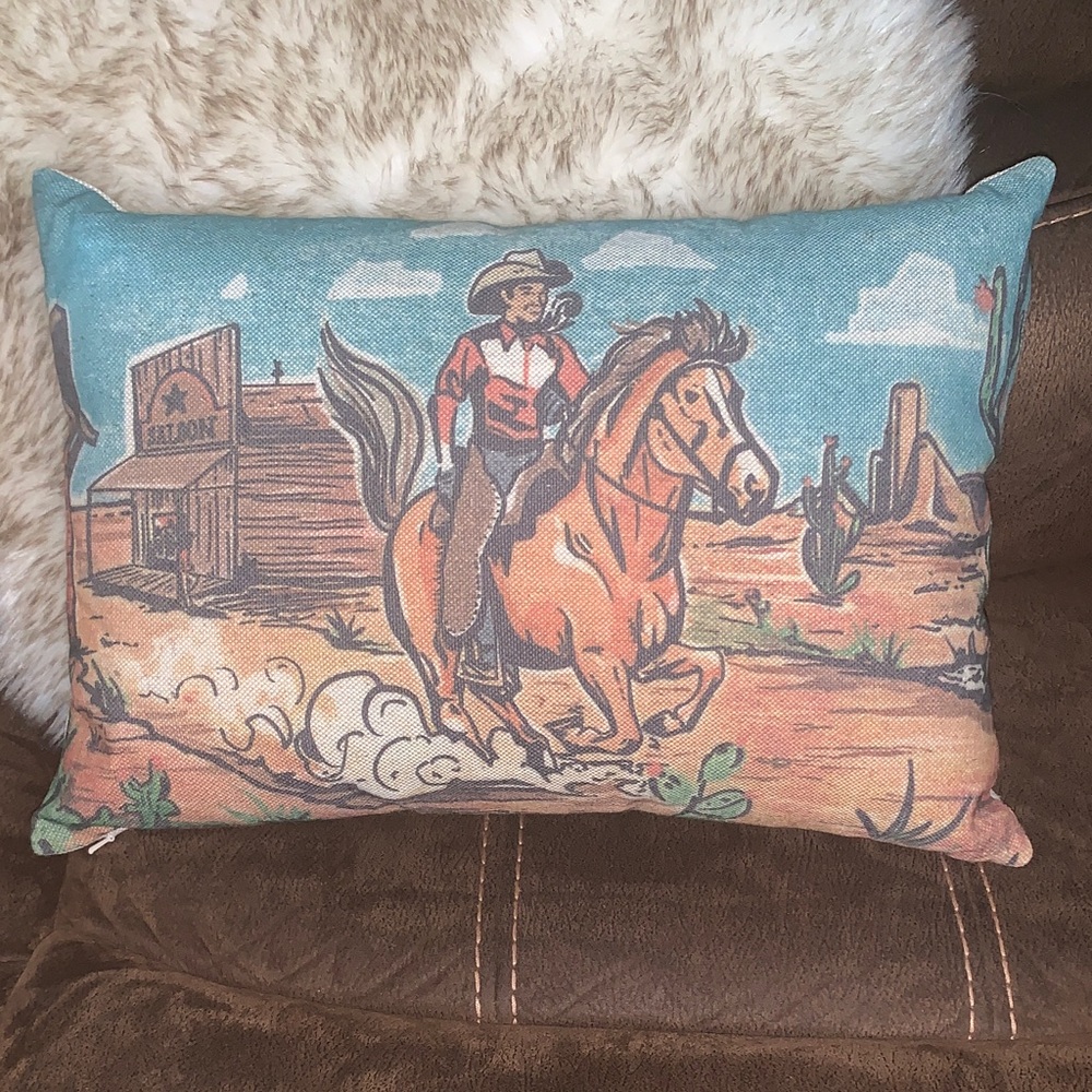 Decorative Western Cowboy Throw Pillow in Teal and Brown